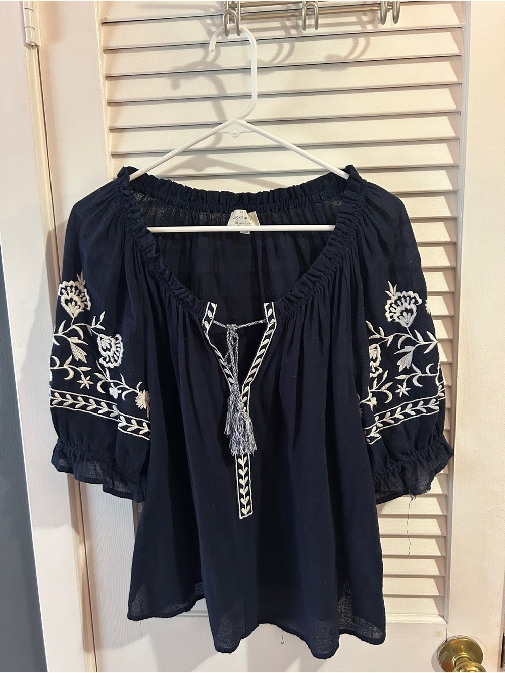 Lucky Brand Navy Peasant Top with White Embroidery